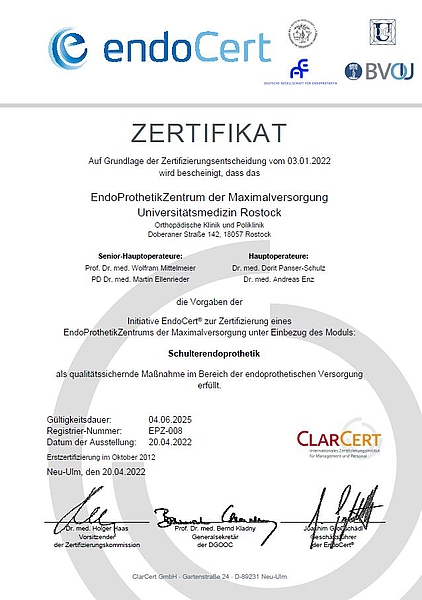 Zertifikat EndoCert, Urkunde für die Orthopädie der Uniklinik Rostock